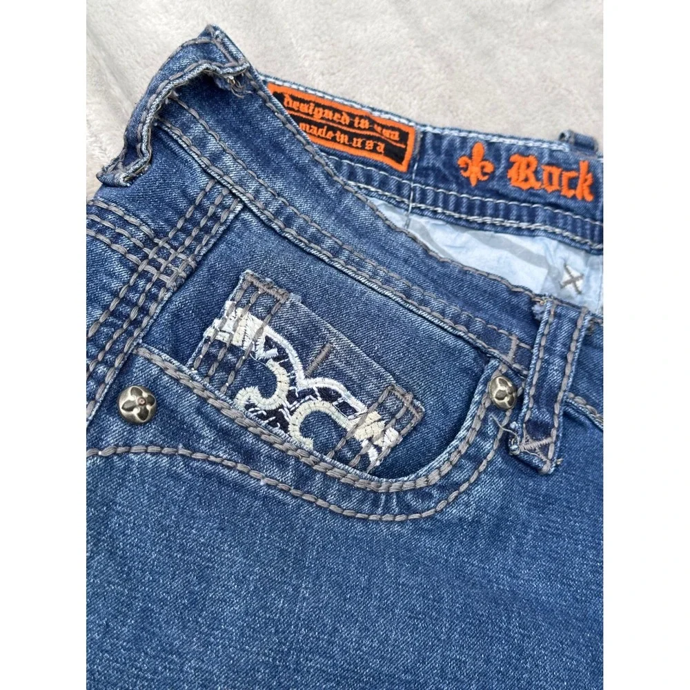 Rock Revival Calden Straight Blue Denim Jeans Mens 36x28 Medium Wash Embroidery